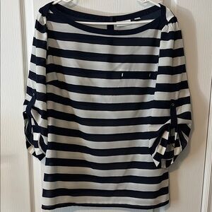 New York & Company Striped Navy Blue and White Women's Top